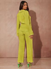 SHEIN BAE Bộ đồ hai mảnh nữ Xù nhỏ Nút phía trước màu trơn Giải trí - Màu xanh chanh - Xem 2