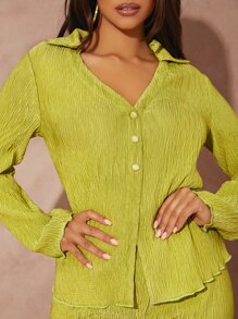 SHEIN BAE Bộ đồ hai mảnh nữ Xù nhỏ Nút phía trước màu trơn Giải trí - Màu xanh chanh - Xem 6