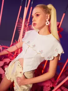 SHEIN MOD Damskie Bluzki Asymetryczny Haft W kształcie muszli Kontrastowe szwy Guziki z przodu Kwiatowy Boho