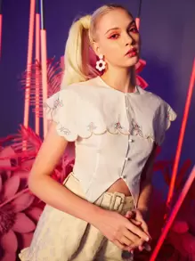 SHEIN MOD Damskie Bluzki Asymetryczny Haft W kształcie muszli Kontrastowe szwy Guziki z przodu Kwiatowy Boho