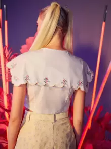 SHEIN MOD Damskie Bluzki Asymetryczny Haft W kształcie muszli Kontrastowe szwy Guziki z przodu Kwiatowy Boho