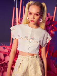 SHEIN MOD Damskie Bluzki Asymetryczny Haft W kształcie muszli Kontrastowe szwy Guziki z przodu Kwiatowy Boho