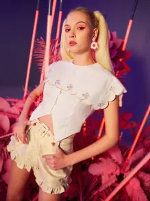 SHEIN MOD Damskie Bluzki Asymetryczny Haft W kształcie muszli Kontrastowe szwy Guziki z przodu Kwiatowy Boho