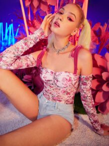 SHEIN Knot Detail Floral Print Backless Bodysuit - Multicolor - View 1