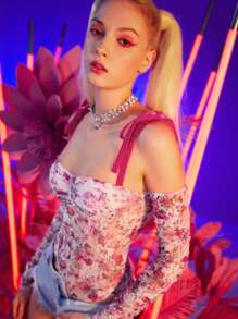 SHEIN Knot Detail Floral Print Backless Bodysuit - Multicolor - View 9