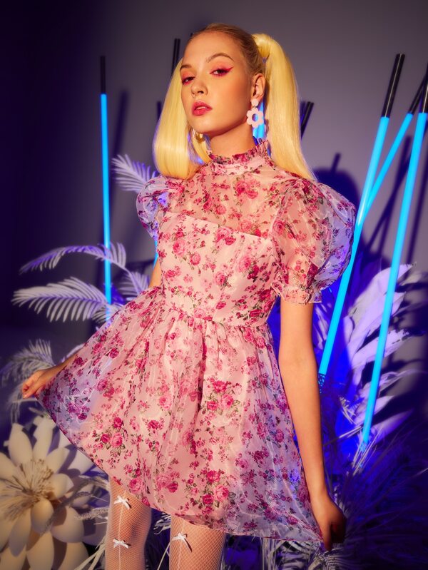 SHEIN Floral Print Stand Neck Dress SHEIN USA