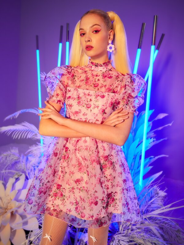 SHEIN Floral Print Stand Neck Dress SHEIN USA