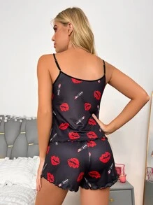Lip Print Lettuce Trim PJ Set - Black - View 2