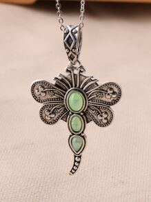 1 Pieza Collar De Resina Plateado Antiguo Con Colgante De Libélula Grande Y Pequeña Y Decoración Simulada De Ópalo Verde - Plata antigua - Ver 9