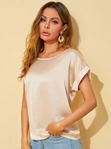 SHEIN Privé Rolled Cuff Satin Top - Champagne - View 3