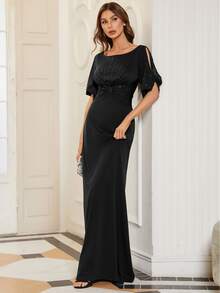 EVERPRETTY Split Sleeve Elegant Sequin Evening Formal Dress For Dinner, Bridesmaid Dress - Black - View 4