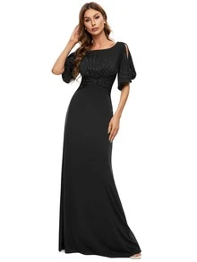 EVERPRETTY Split Sleeve Elegant Sequin Evening Formal Dress For Dinner, Bridesmaid Dress - Black - View 5