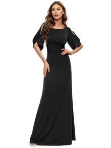 EVERPRETTY Split Sleeve Elegant Sequin Evening Formal Dress For Dinner, Bridesmaid Dress - Black - View 6