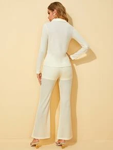 SHEIN 素色前紐扣上衣和高腰長褲 - 米色 - 查看 2