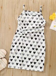 Niñas Vestido de tirantes con estampado de corazón fruncido - Blanco - Ver 1