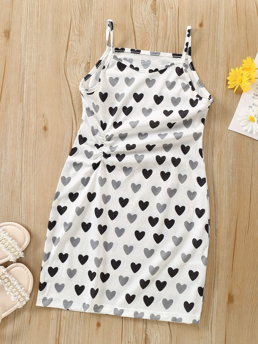 Niñas Vestido de tirantes con estampado de corazón fruncido - Blanco - Ver 1