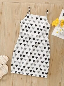 Niñas Vestido de tirantes con estampado de corazón fruncido - Blanco - Ver 2
