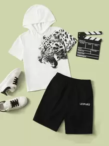 Boys Leopard Print Hooded Tee & Letter Pattern Track Shorts - White - View 1