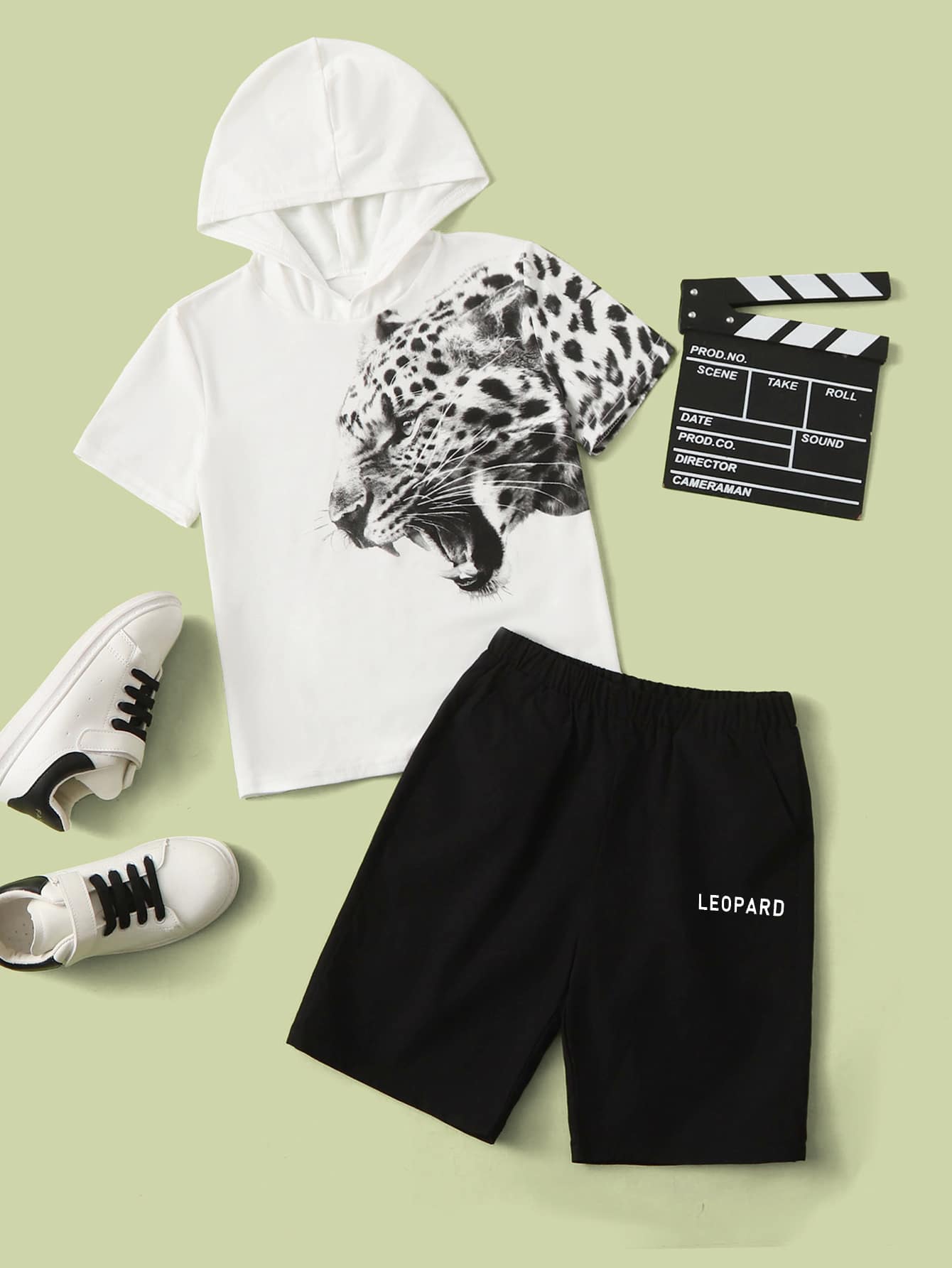 Boys Leopard Print Hooded Tee & Letter Pattern Track Shorts - White - View 1
