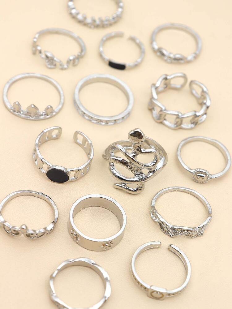 15pcs/Set Vintage Snake & Tree Leaf & Sun Design Black Oil Drop Joint Ring Set For Men And Women Daily Wear - Silver - View 3