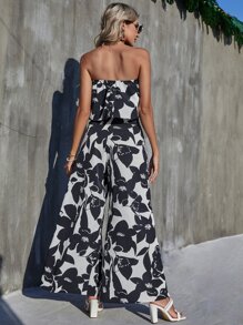 SHEIN VCAY Floral Print Tube Top And Trousers Set - Blue and White - View 2