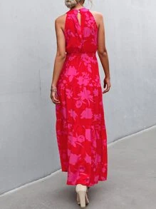 Breezaya Vestido halter con estampado floral bajo con fruncido con cinturón - Rosa Fucsia - Ver 2