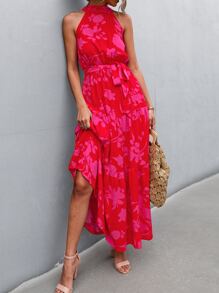 Breezaya Vestido halter con estampado floral bajo con fruncido con cinturón - Rosa Fucsia - Ver 4