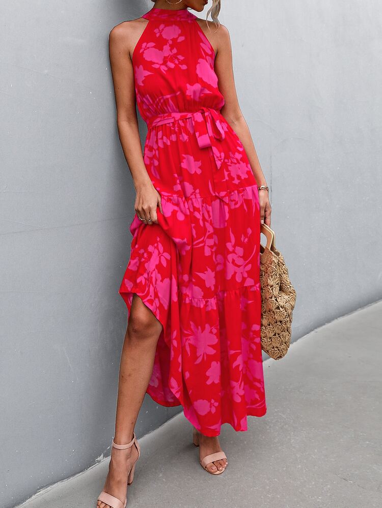 Breezaya Floral Print Ruffle Hem Belted Halter Dress - Hot Pink - View 4