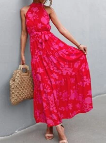 Breezaya Vestido halter con estampado floral bajo con fruncido con cinturón - Rosa Fucsia - Ver 6