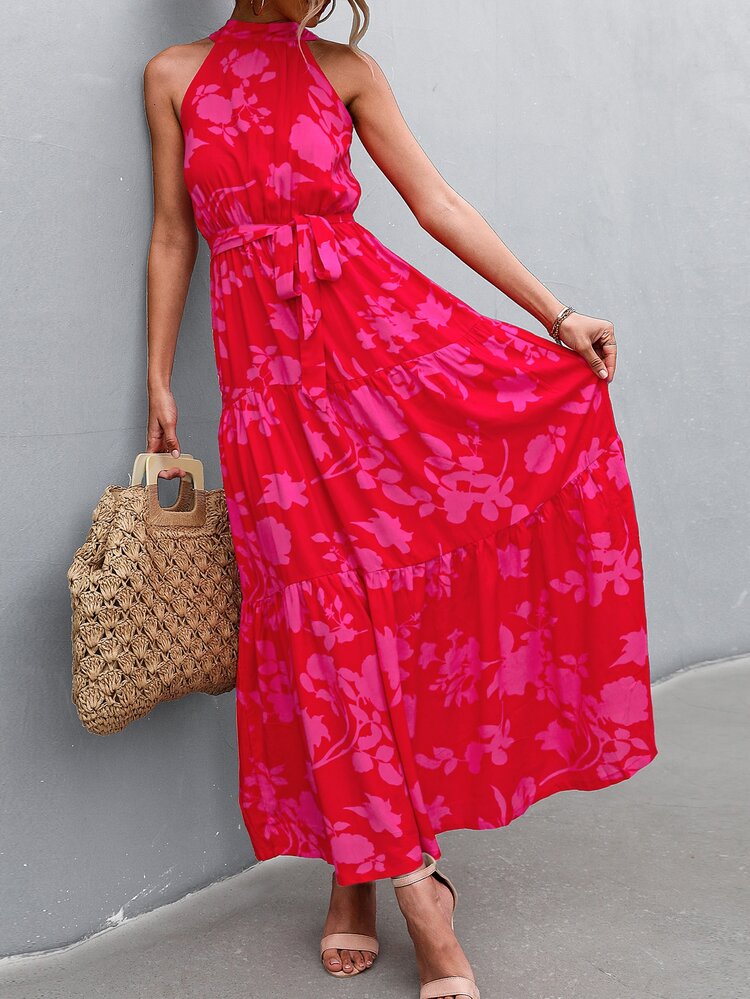 Breezaya Floral Print Ruffle Hem Belted Halter Dress - Hot Pink - View 6