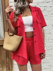 Lapel Collar Button Front Top & Shorts - Red - View 1