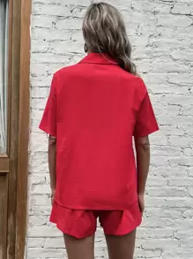 Lapel Collar Button Front Top & Shorts - Red - View 2