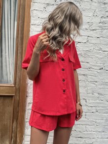 Lapel Collar Button Front Top & Shorts - Red - View 3
