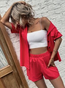 Lapel Collar Button Front Top & Shorts - Red - View 5