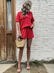 Lapel Collar Button Front Top & Shorts - Red - View 6
