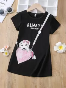 SHEIN 小女童標語和小狗印花T恤洋裝 - 黑色 - 查看 1