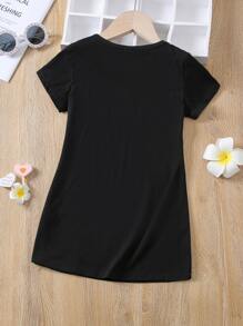 SHEIN 小女童標語和小狗印花T恤洋裝 - 黑色 - 查看 2