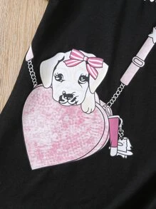 SHEIN 小女童標語和小狗印花T恤洋裝 - 黑色 - 查看 4