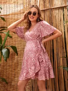 SHEIN Maternity Ditsy Floral Surplice Neck Knot Ruffle Hem Dress - Multicolor - View 1