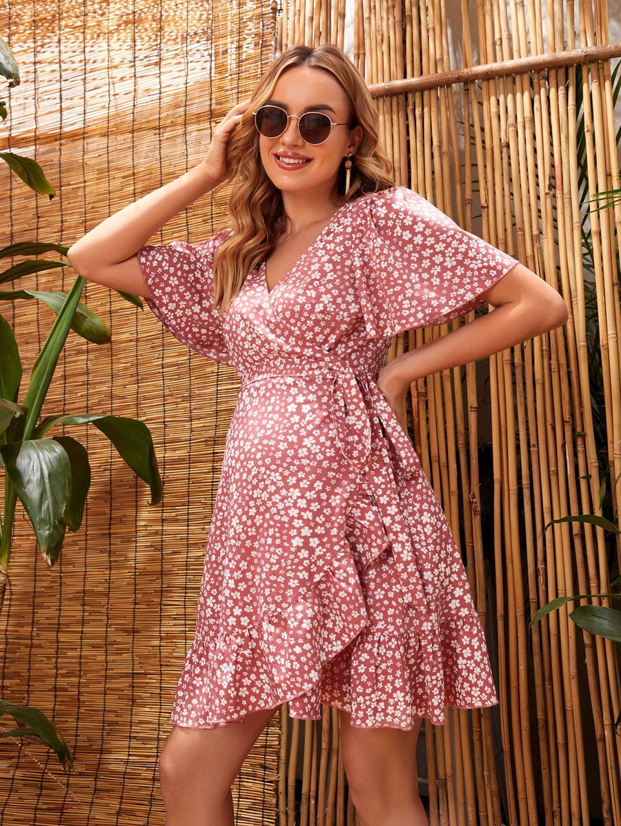 SHEIN Maternity Ditsy Floral Surplice Neck Knot Ruffle Hem Dress - Multicolor - View 1