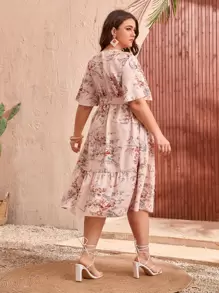 SHEIN Clasi Plus Floral Print Ruffle Hem Butterfly Sleeve Belted Summer Boho Dress - Dusty Pink - View 2