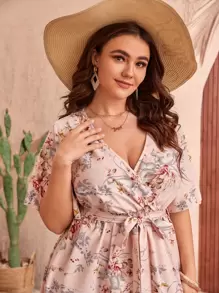 SHEIN Clasi Plus Floral Print Ruffle Hem Butterfly Sleeve Belted Summer Boho Dress - Dusty Pink - View 4