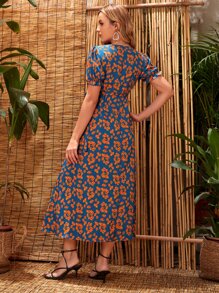 SHEIN Maternity Floral Print Surplice Neck Knot Side Dress - Multicolor - View 2