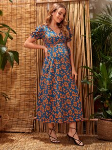 SHEIN Maternity Floral Print Surplice Neck Knot Side Dress - Multicolor - View 3