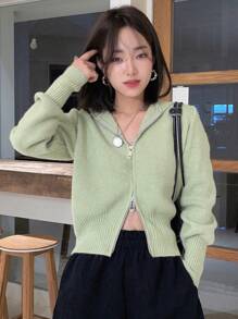 DAZY Rib Knit Zipper Hooded Cardigan - Lime Green - View 3