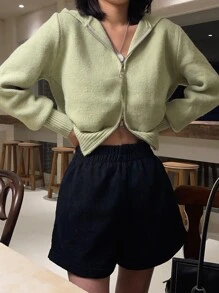 DAZY Rib Knit Zipper Hooded Cardigan - Lime Green - View 2