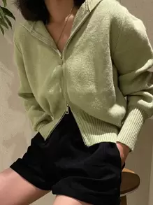 DAZY Rib Knit Zipper Hooded Cardigan - Lime Green - View 1