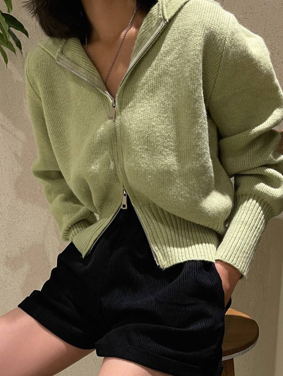 DAZY Rib Knit Zipper Hooded Cardigan - Lime Green - View 1