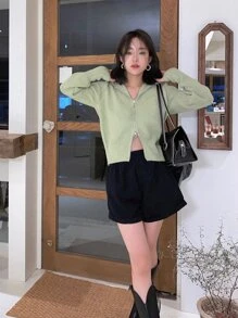 DAZY Rib Knit Zipper Hooded Cardigan - Lime Green - View 5