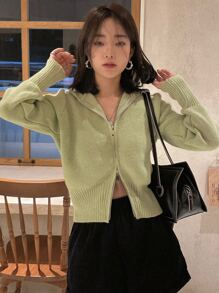 DAZY Rib Knit Zipper Hooded Cardigan - Lime Green - View 6